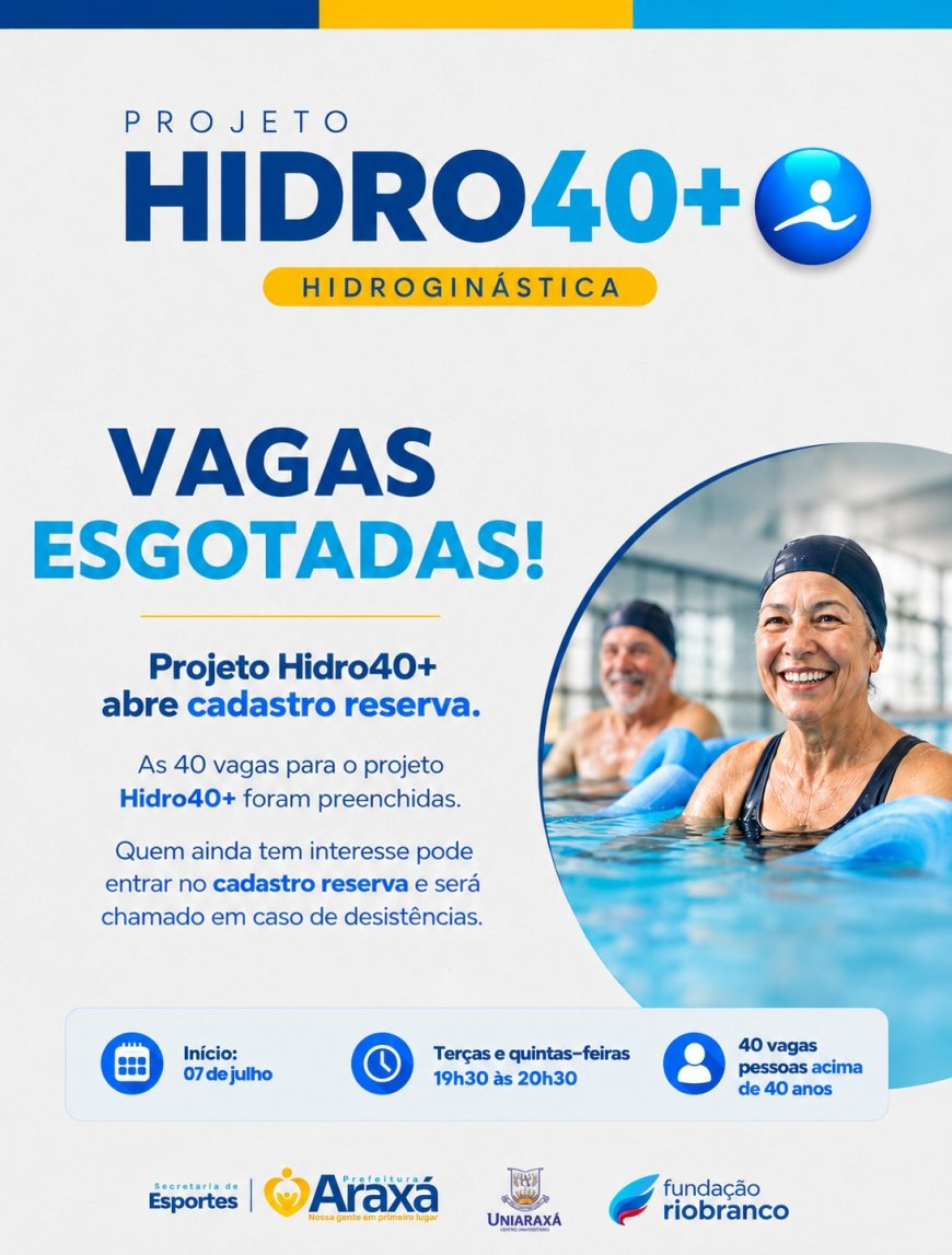Vagas para o projeto Hidro40+ estão esgotadas; secretaria de esportes abre cadastro reserva